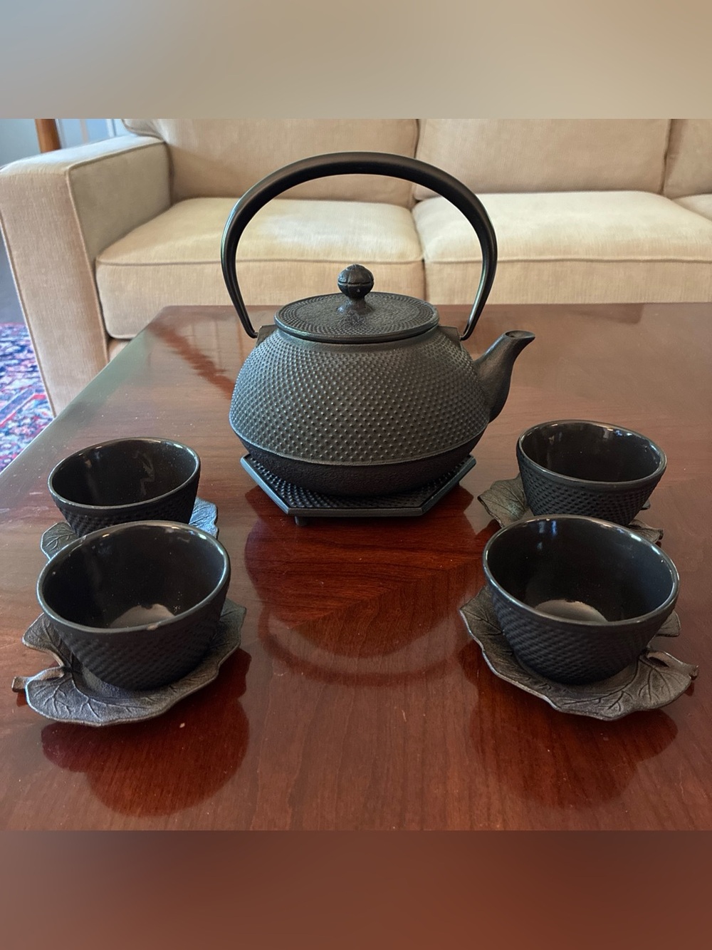 VTG 12pc Kotobuki Japan tetsubin Cast Iron Tea Set-hobnail, 4 leaf saucers, cups